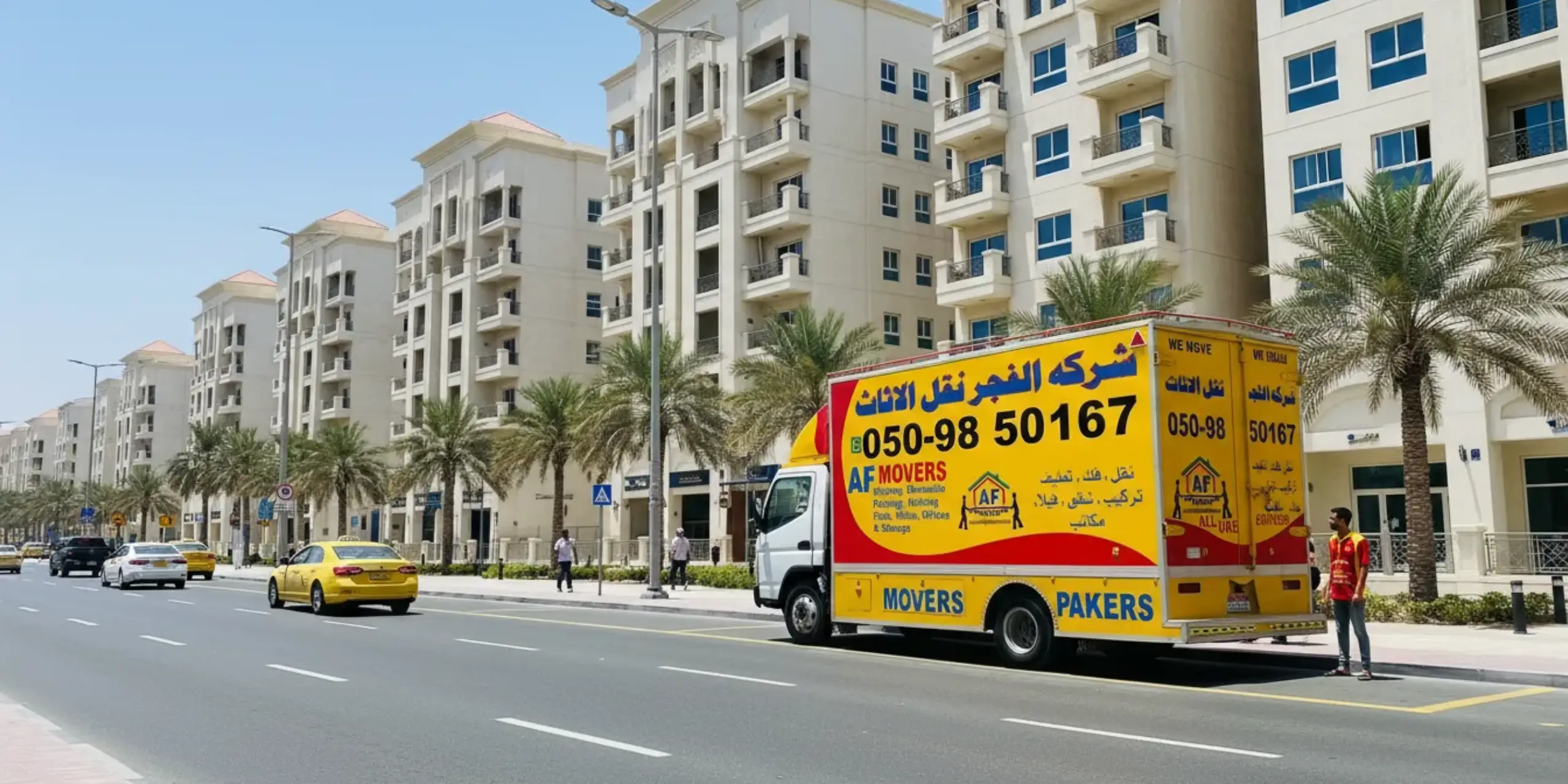 Al Fajer Movers truck parked on a residential street in Abu Dhabi