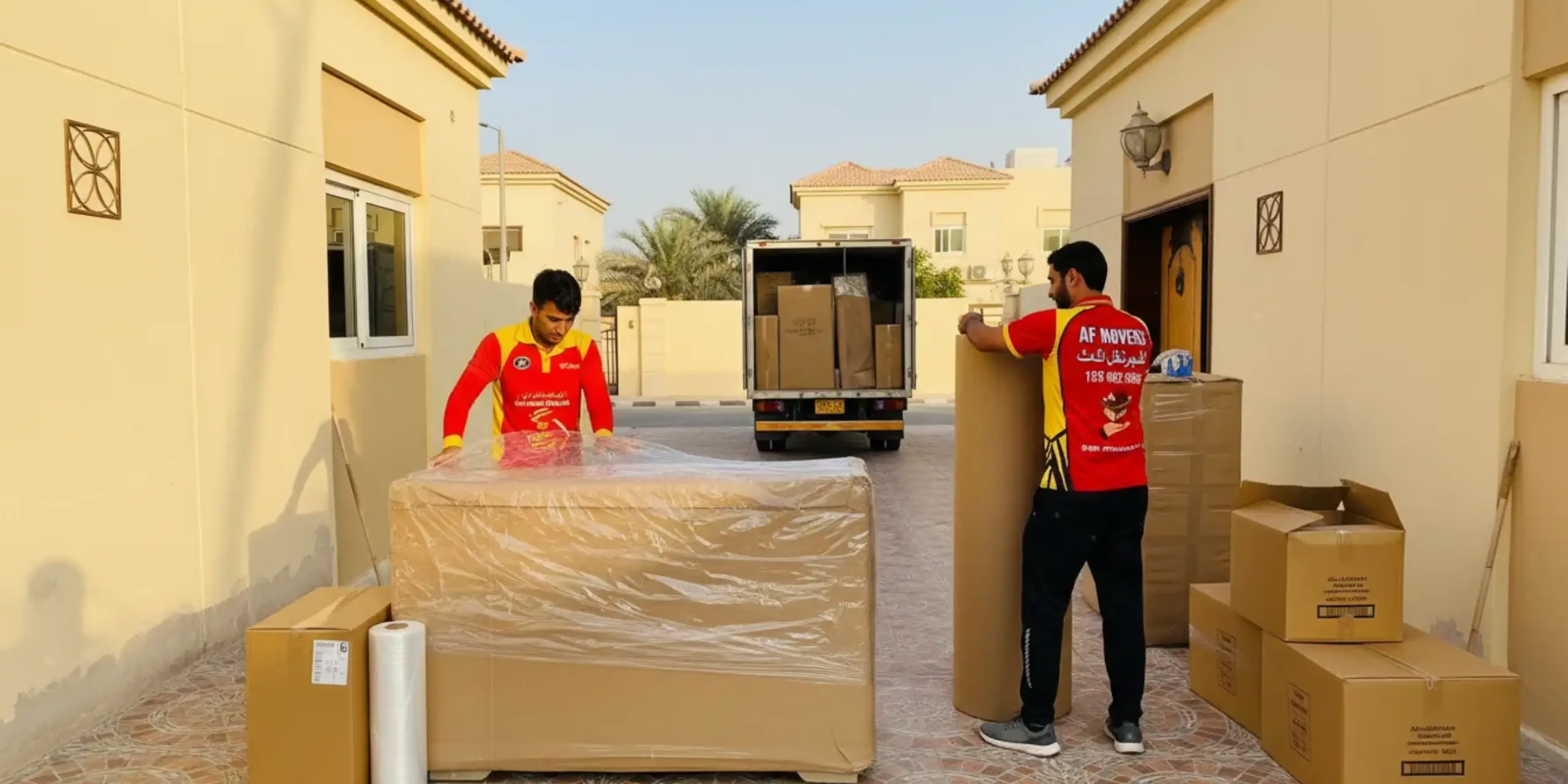 Al Fajer movers unloading packed furniture at a villa in Abu Dhabi