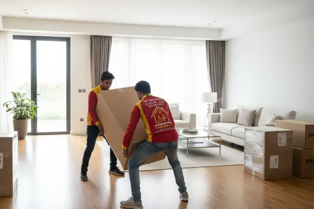 Two Al Fajer movers carrying a boxed sofa through a living room